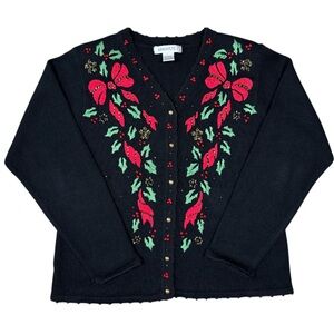 Vintage Arriviste Womens Holly Embroidered Ugly Christmas Sweater Cardigan Large